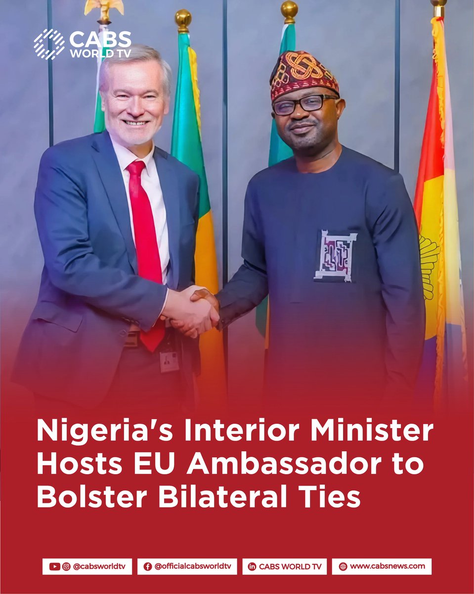 CABSWORLDTV's tweet photo. Nigeria's Interior Minister Hosts EU Ambassador to Bolster Bilateral Ties

Photo Credit: Ministry of Interior

Hon. Olubunmi Tunji-Ojo, Nigeria's Minister of Interior, received European Union Ambassador to Nigeria, H.E. Gautier Mignot, at his Abuja office on January 24, 2026, reaffirming President Bola Tinubu's steadfast commitment to deepening relations with the European Union and international partners.

The meeting underscores ongoing collaboration between Nigeria and the EU across security, migration management, trade, and development initiatives, aligning with Tunji-Ojo's reformist agenda modernizing immigration services, border controls, and paramilitary welfare since his 2023 appointment. As a tech-savvy former lawmaker and engineer, the minister emphasized transparent governance and innovative security frameworks during the engagement.

Discussions likely covered joint priorities like visa facilitation, counterterrorism intelligence sharing, and economic partnerships amid Nigeria's 3.9% 2025 growth and AfCFTA integration, building on EU's €150 million+ aid for youth employment and climate resilience. 

Tunji-Ojo, known for passport digitization slashing processing times from weeks to days and prison decongestion releasing 4,000+ inmates, assured sustained cooperation leveraging Nigeria House's Davos momentum. Mignot's visit reciprocates recent high-level exchanges, including VP Shettima's EU-focused Davos panels.

This diplomatic outreach reinforces Nigeria's strategic pivot under Tinubu, countering global headwinds while addressing mutual concerns like irregular migration and organized crime. Both sides expressed optimism for expanded frameworks benefiting citizens and businesses.

Source: Ministry of Interior