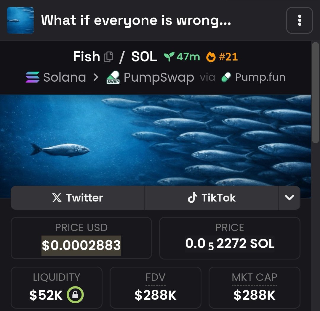 I love what this symbolises $fish  57cbRfhua3CLR3RFuKGGhWgzHbbprXqjGV555URPpump #SolanaGems @a1lon9 @toly  #MemeCoinSeason #1000xgem #Solana #crypto