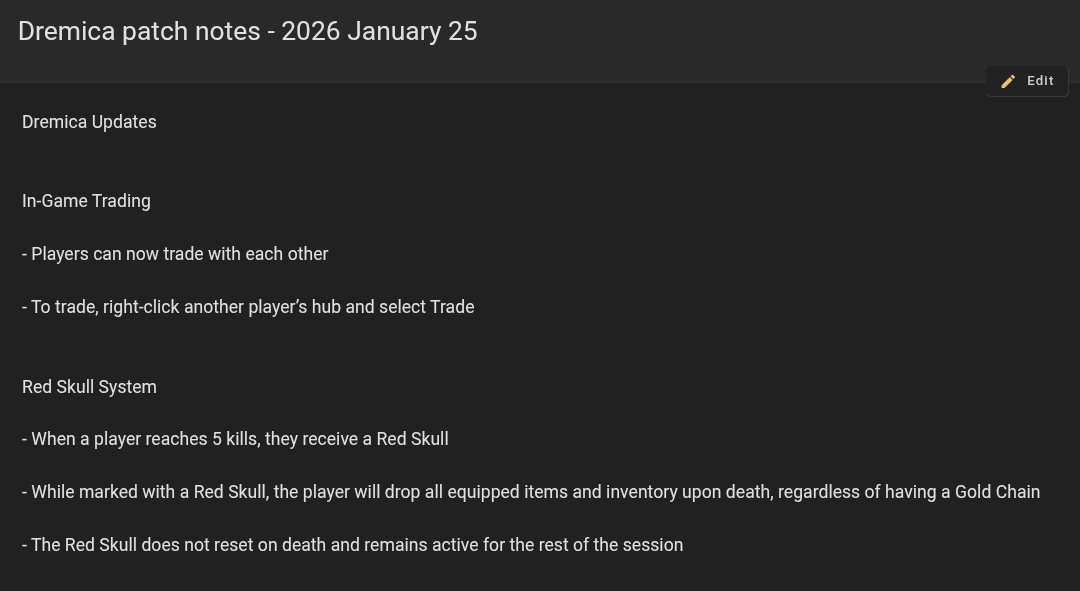 Dremica updates are out, just in time for tomorrow 2 PM UTC. 🔥

- Trading between players.👀

- Red skull for players above 5 kills 💀

- Gold Nugget Shop: 
20 Organic Matter → 1 Nugget → Spellies/Nimbus/Bambo

Check the full patch notes 👇 
wiki.dremica.com/en/PatchNotes/…