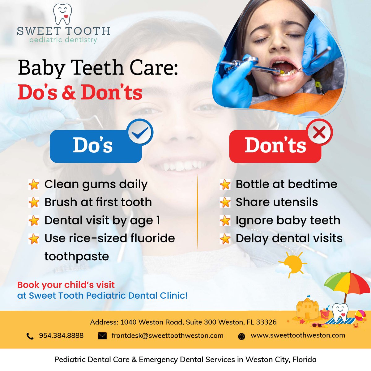 DrErinArroyo's tweet image. Your baby’s first teeth play a big role in speech, nutrition, and healthy adult teeth. Here’s how to protect those tiny smiles from day one.

Give your child a confident, cavity-free smile from the very beginning!

📞954.384.8888
sweettoothweston.com

#babyteeth #firstteeth