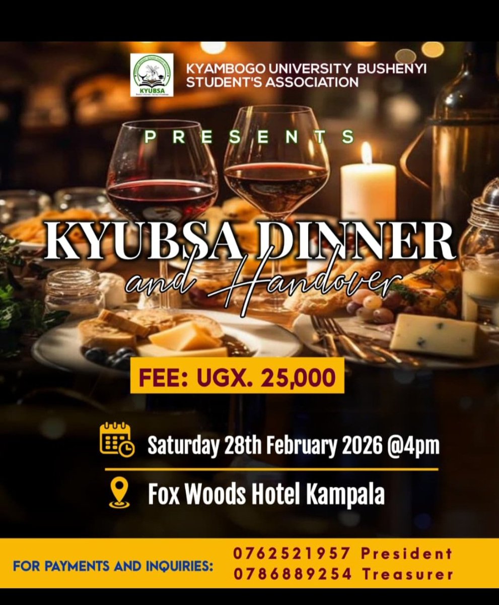 You are all invited for this wonderful once in a year experience we get to have together as a family ❤️ 
<a href="/kyambogou/">KYAMBOGO UNIVERSITY</a> Bushenyi Students Association presents ;
KYUBUSA Dinner and Handover Ceremony 🥂 
 Date    📍 28 February 2026
 Venue 📍 Fox Woods Hotel Kampala 
<a href="/AbainePaul256/">Abaine 🍻</a>