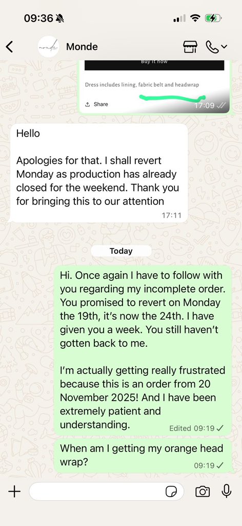 My friend ordered on the 20th of November from <a href="/mondelegrand/">mondelegrand</a> &amp; to date she has received little to no assistance. I’m posting this on her behalf…. Can we please invest in customer service. The garments are beautiful but zero customer centricity ☹️