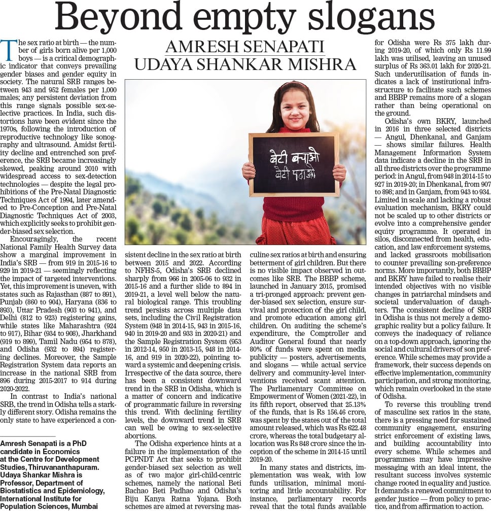 AmreshSenapati's tweet photo. Read my op-ed (with U.S. Mishra) in @ttindia today. We highlight Odisha’s declining sex ratio at birth &amp; reflect on the policy failures of Beti Bachao, Beti Padhao. 
Reversal needs sustained community engagement, strict PCPNDT enforcement, &amp; accountability.
#NationalGirlChildDay https://t.co/a4feopJqeB