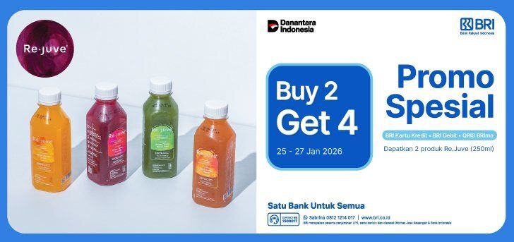 Info promo payday Re.juve x BRI
 
- Dapatkan product tidak berlaku untuk varian signature line, Coco Kopyor, Berries Line, Tropic Joy, Golden Apple, Golden Orange, Tropic Green, Uplift Citrus, Ultra Green &amp; Greenest