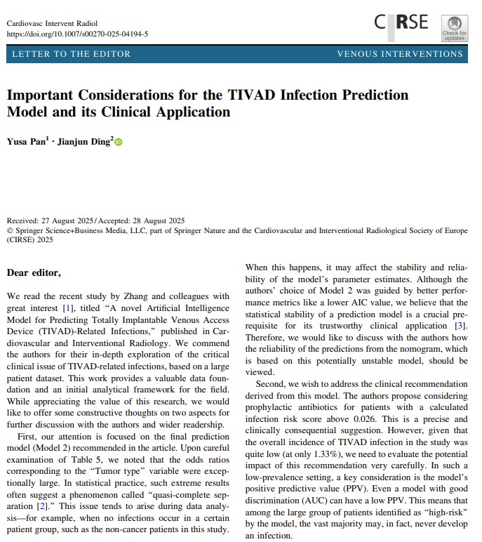 CVIR_Journal's tweet image. #LettertoEditor 📬
Important Considerations for the TIVAD Infection Prediction Model and its Clinical Application
link.springer.com/article/10.100…