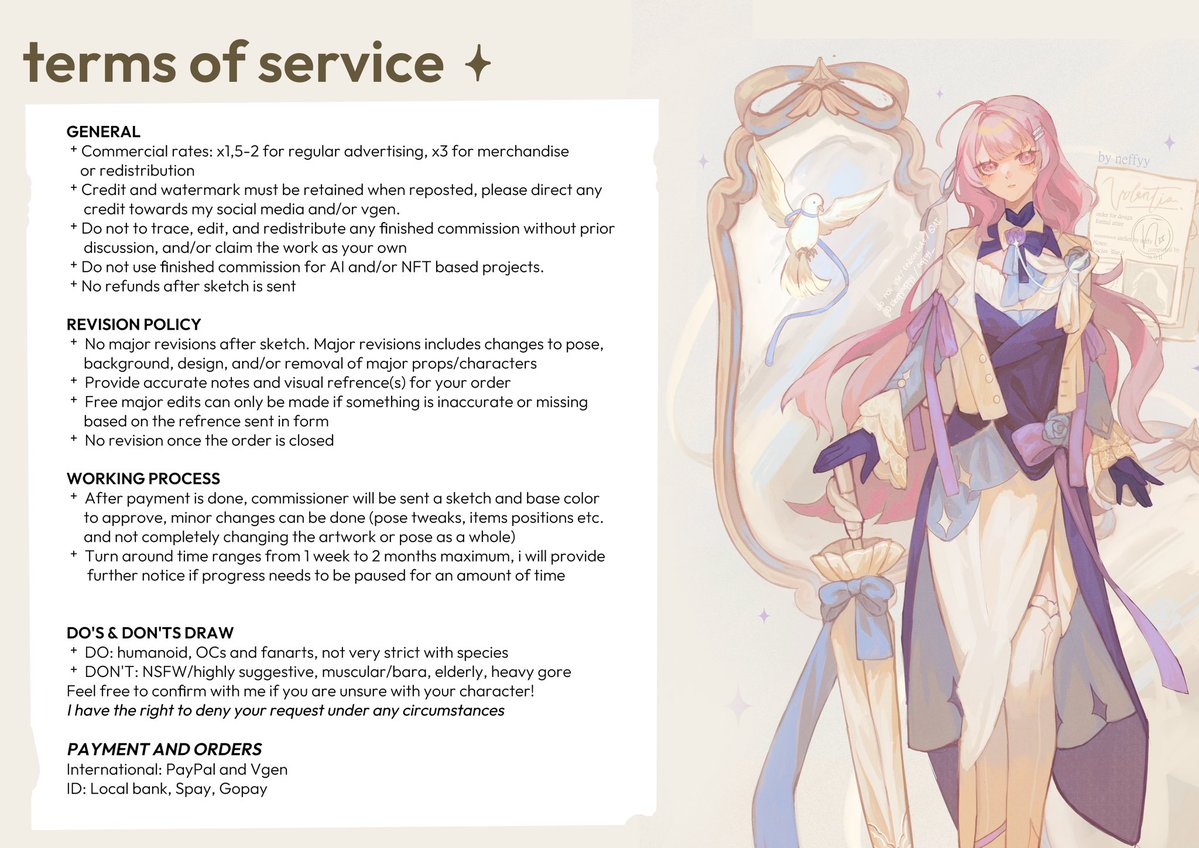 sleepyneffyy's tweet image. ✦ Commission Open! ✦

Helloo! I’m opening art/illustration comms for international and local 𐔌՞. .՞𐦯 check below for details, thank you!
╰┈➤ vgen.co/neffyy

♡ + ↻ are very appreciated!

#artcommission #VgenComm #artidn