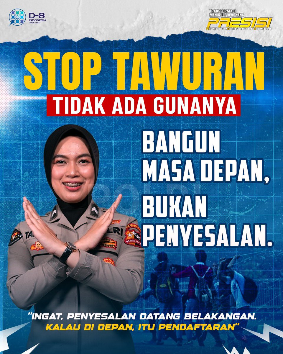DivHumas_Polri's tweet image. Tawuran bukan solusi, dan tidak pernah membawa masa depan. Yang tersisa hanya luka, masalah hukum, dan penyesalan. Prestasi justru membuka jalan untuk mimpi, kebanggaan orang tua, dan masa depan yang lebih baik. So, Sobat Polri ayo jaga diri, jaga teman, dan jaga masa depan kita…