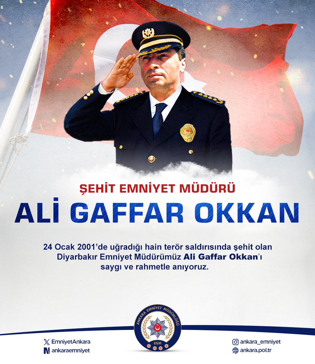25 yıl önce hain bir saldırıyla şehit edilen Diyarbakır Emniyet Müdürümüz Ali Gaffar Okkan'ı, silah arkadaşlarını ve tüm şehitlerimizi saygı ve rahmetle anıyoruz. 🇹🇷