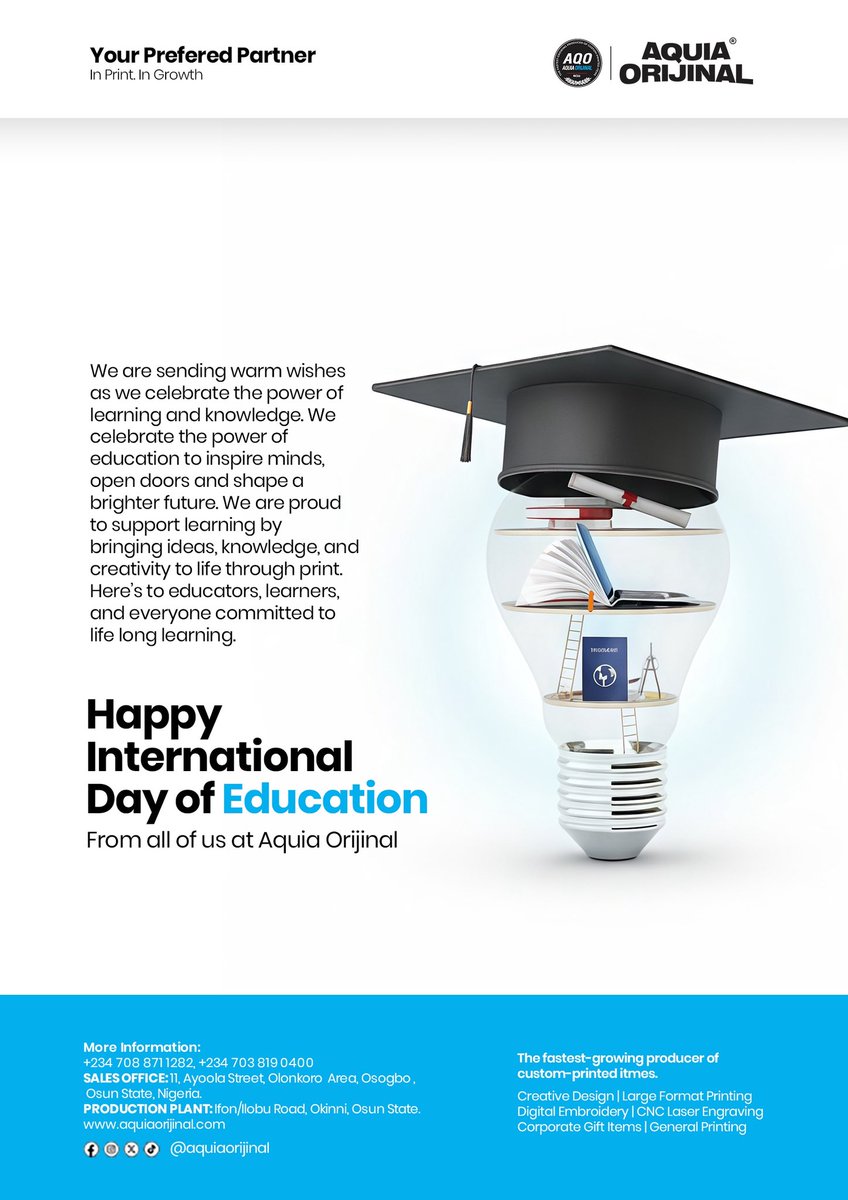 To educators, learners and anyone committed to lifelong learning, all of us at Aquia Orijinal are wishing you Happy International Day of Education!

#AquiaOrijinal #InternationalDayofEducation #InternationalDayofEducation2026