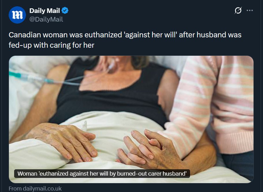 Eyaaaad's tweet image. كندا...

امرأة طريحة الفراش بسبب مرض أصابها أخبرت المستشفى أنها لا تريد الموت، ولا تريد "القتل الرحيم" لكن زوجها رفض وطالب المستشفى بقتلها وهو ما حدث بالفعل وفارقت الحياة.

أتى مقيّم طبّي وقرر أنها تستحق (القتل الرحيم) فتم تنفيذه مباشرة في نفس اليوم وفارقت الحياة.

قالت المرأة…