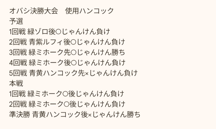 オバシ決勝大会
ベスト4で負け🥲
ハンコックミラー下手すぎて悔しい