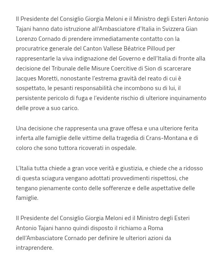 Tragedia di Crans-Montana e scarcerazione Moretti, la nota di Palazzo Chigi:

@PolitikosIt