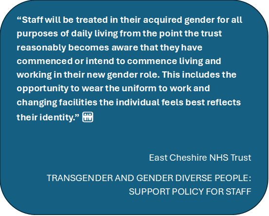 SEENinHealth's tweet photo. 🚨 @EastCheshireNHS 
📄 This statement appears in your Transgender and Gender Diverse People: Support Policy for Staff.
⚖️ If still in force, this policy is unlawful.

The Equality Act 2010 protects biological sex — confirmed by the UK Supreme Court in the For Women Scotland judgment.
🚫 Policies permitting access to single-sex accommodation based on gender identity or presentation constitute unlawful harassment and discrimination.
#TheLawIsTheLaw

❓ Is this policy still in use?
To ensure lawful compliance and avoid staff or patients being misled, please confirm whether:
📄 The written policy was formally withdrawn or updated
🚫 Any other policies, guidance, or local procedures allowing use of single-sex spaces based on gender identity or presentation were removed or corrected
📢 Staff were explicitly informed that the previous guidance was unlawful
🎓 Training materials were corrected
📣 Clear communications were issued to staff and patients

https://t.co/vdsT76uqVp 

@NHSEngland @bphillipsonMP @wesstreeting @Keir_Starmer
@DHSCgovuk @EHRC @SexMattersOrg @JournalismSEEN @Karinsmyth