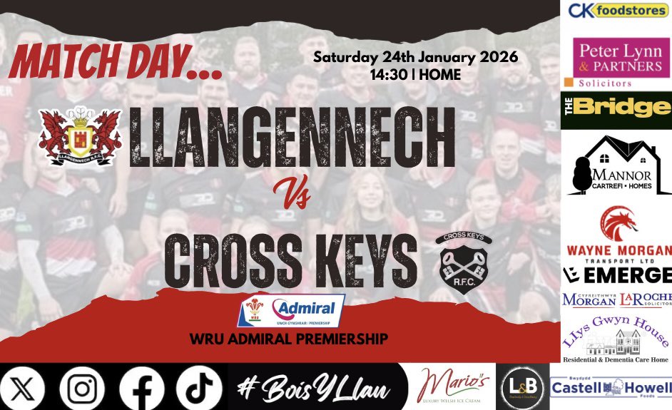 RFCLlangennech's tweet image. 🏉MATCH DAY🏉

Game is ON!

🗓 Saturday 24th January 2026
⌚️2:30pm
🏆 WRU Premiership Cup
🆚 @crosskeysrfc 
📍 HOME

Come &amp;amp; support #BoisYLlan #LookingForward 

⚫️🔴⚪️