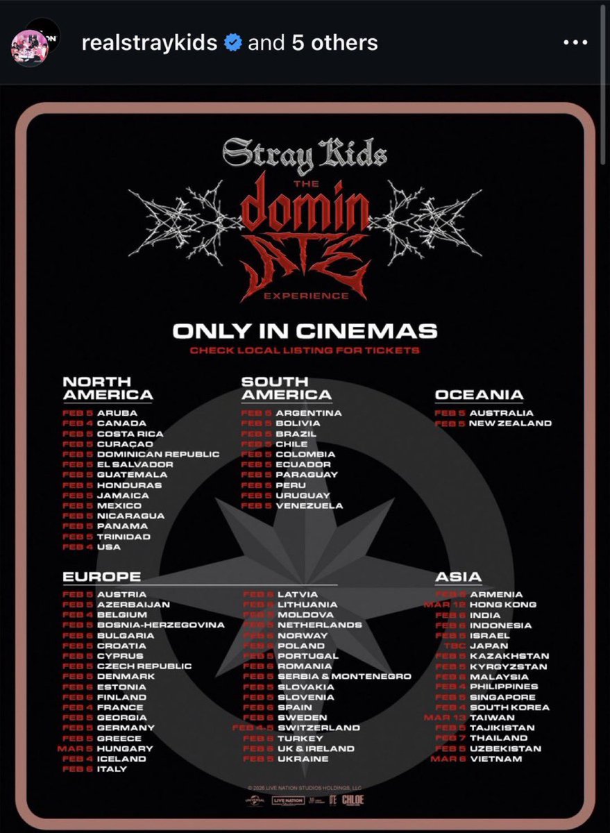 thekwavee's tweet image. فرقة ستراي كيدز المسيئة للإسلام أعلنت عن عرض فيلمها الوثائقي في صالات السينما حول العالم لكن القائمة خلت تمامًا من أي دولة عربية في حين تم إدراج إسرائيل ضمن الدول التي سيُعرض فيها الفيلم الوثائقي