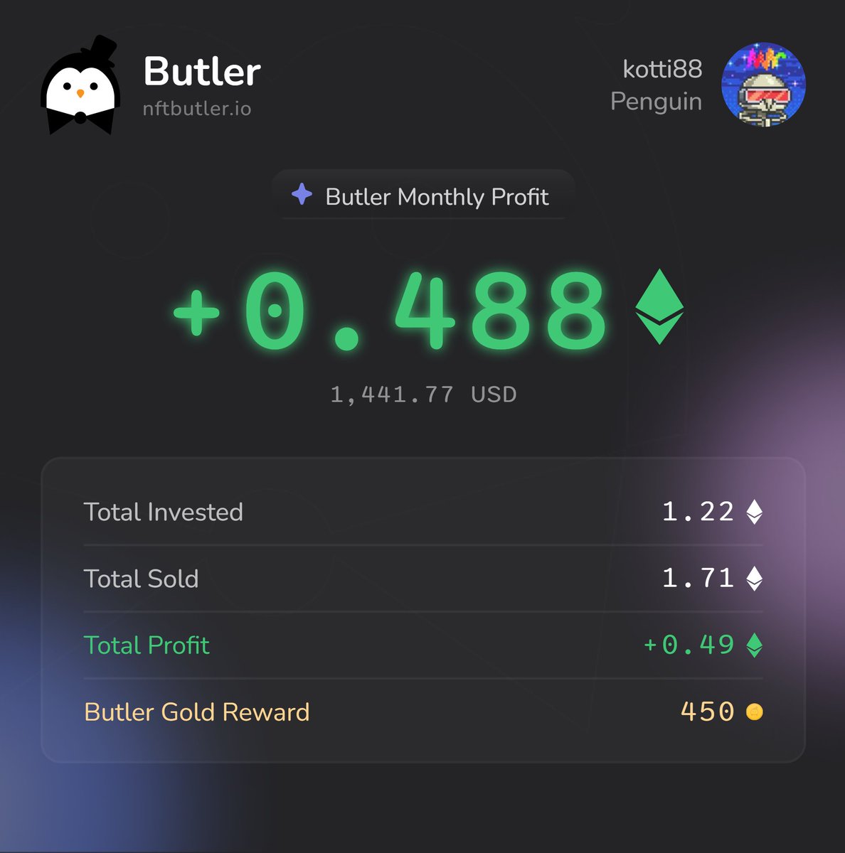 0.488 Ξ in profit made in the last 24 days using <a href="/nftbutler/">NFT Butler</a> 💰📈

Sharing on X to grab my extra 450 Butler Gold 🟠
Bidding’s a breeze with NFT Butler in my arsenal!  🐧

#NFT #NFTCommunity #NFTButler

nftbutler.io