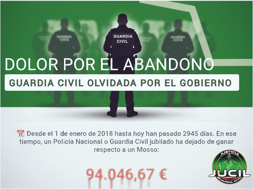Para el Gobierno, la vida laboral y profesional de un #GuardiaCivil vale menos que la de un ertzaina o un mosso.

La brecha salarial es sangrante, están castigando a quienes nos protegen. 

La marginación es su respuesta al servicio y al sacrificio. 🇪🇸

​#EquiparacionYa