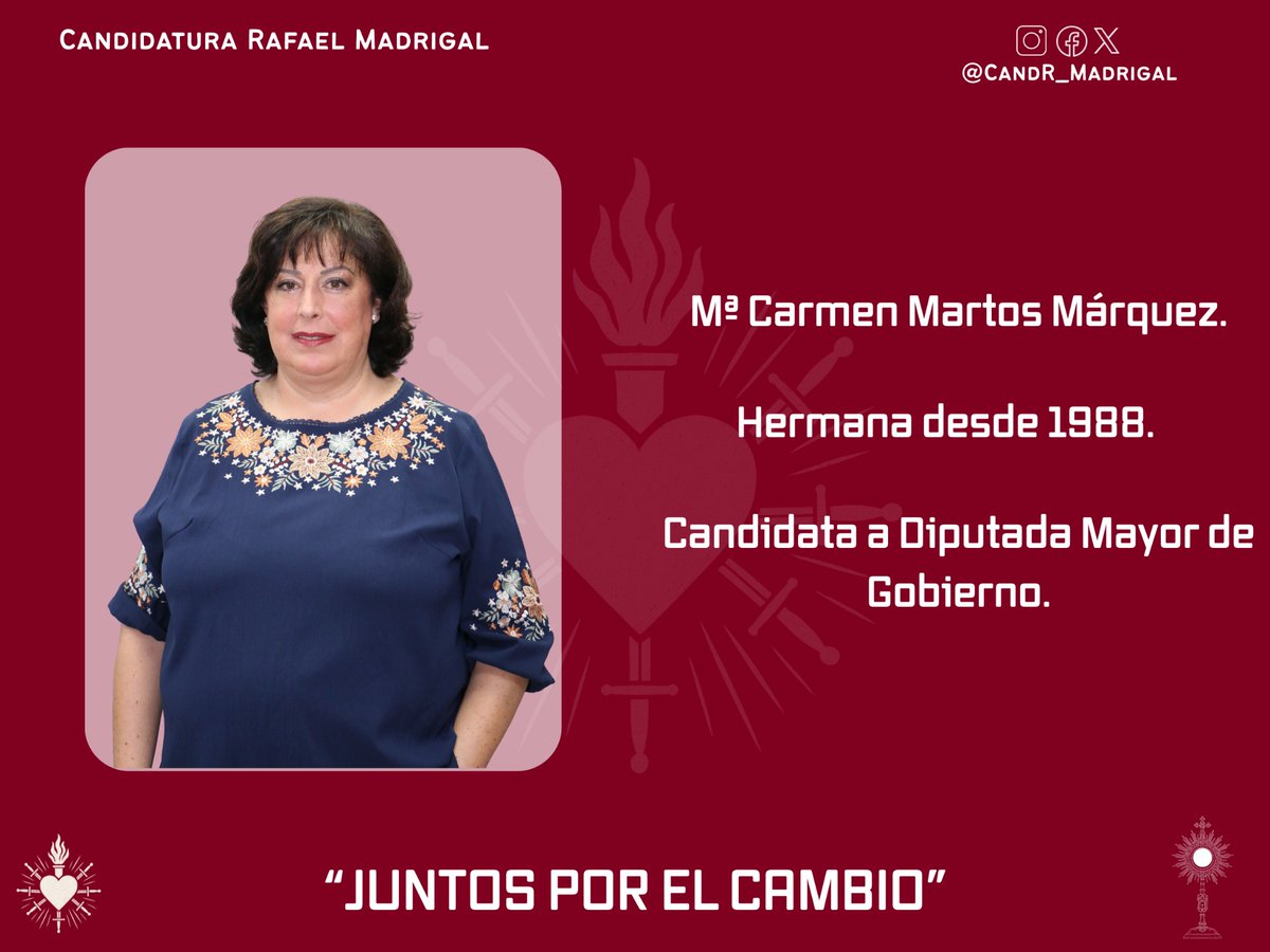 CandR_Madrigal's tweet photo. 📍 Mª Carmen Martos Márquez.

👉🏻 Candidata a Diputada Mayor de Gobierno.

🔔”Si cruzas por las aguas, yo estaré contigo, y los ríos no te anegarán; si caminas por el fuego, no te quemarás, y las llamas no te abrasarán.” Isaías 43:2.

#JuntosPorElCambio https://t.co/cZnxB81A8V