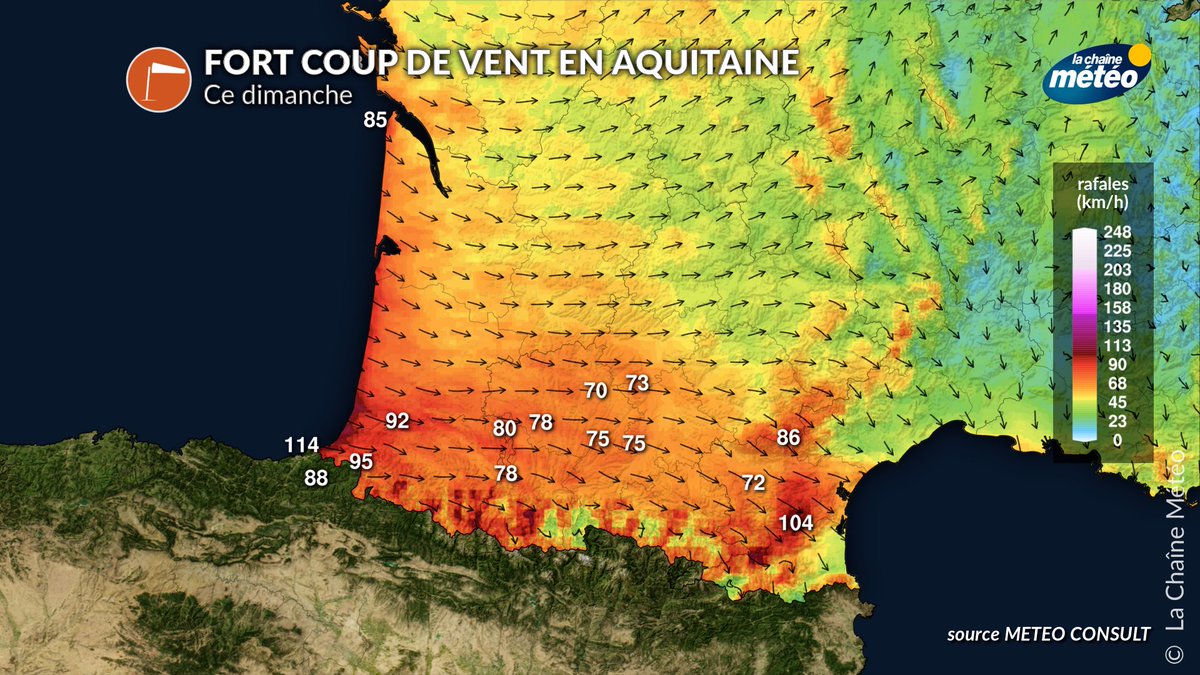 🚩⚠️ Un gros coup de galerne est attendu demain en fin de journée notamment dans le sud de l'Aquitaine et la côte basque avec une forte houle associée. Les rafales pourront dépasser les 110-120 km/h localement.