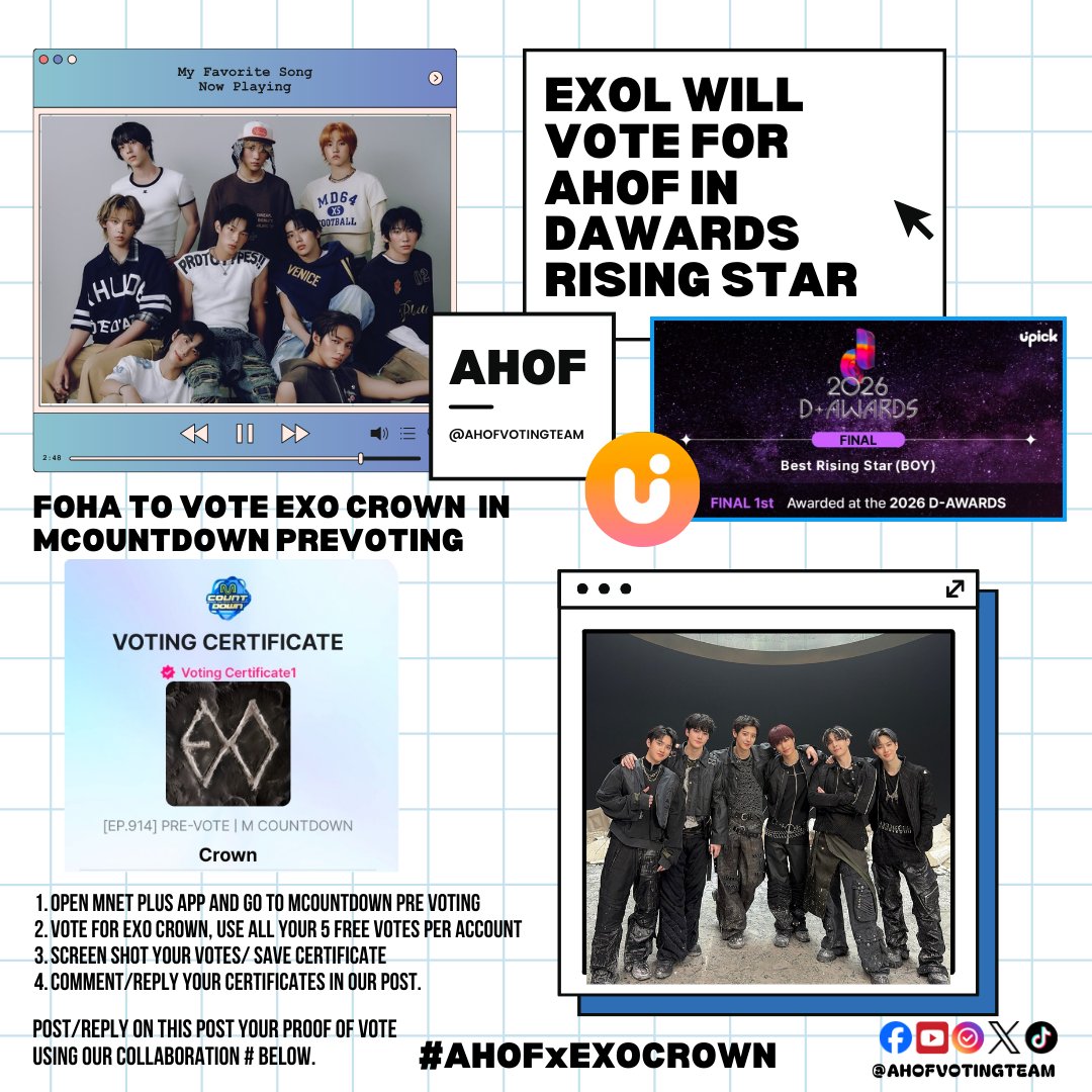 [📢] VOTING COLLAB ANNOUNCEMENT

EXO CROWN MCOUNTDOWN PRE VOTE X AHOF DAWARDS 2026 BEST RISING STAR COLLAB, coordinated by <a href="/AhofGrinders/">AHOF Grinders</a> &amp; <a href="/WEAREONEunited_/">WEAREONEunited</a>

EXOL will vote for our AHOF - DAWARDS 2026 BEST RISING STAR . In return, FOHA will vote #EXOCROWN for MCOUNTDOWN PRE