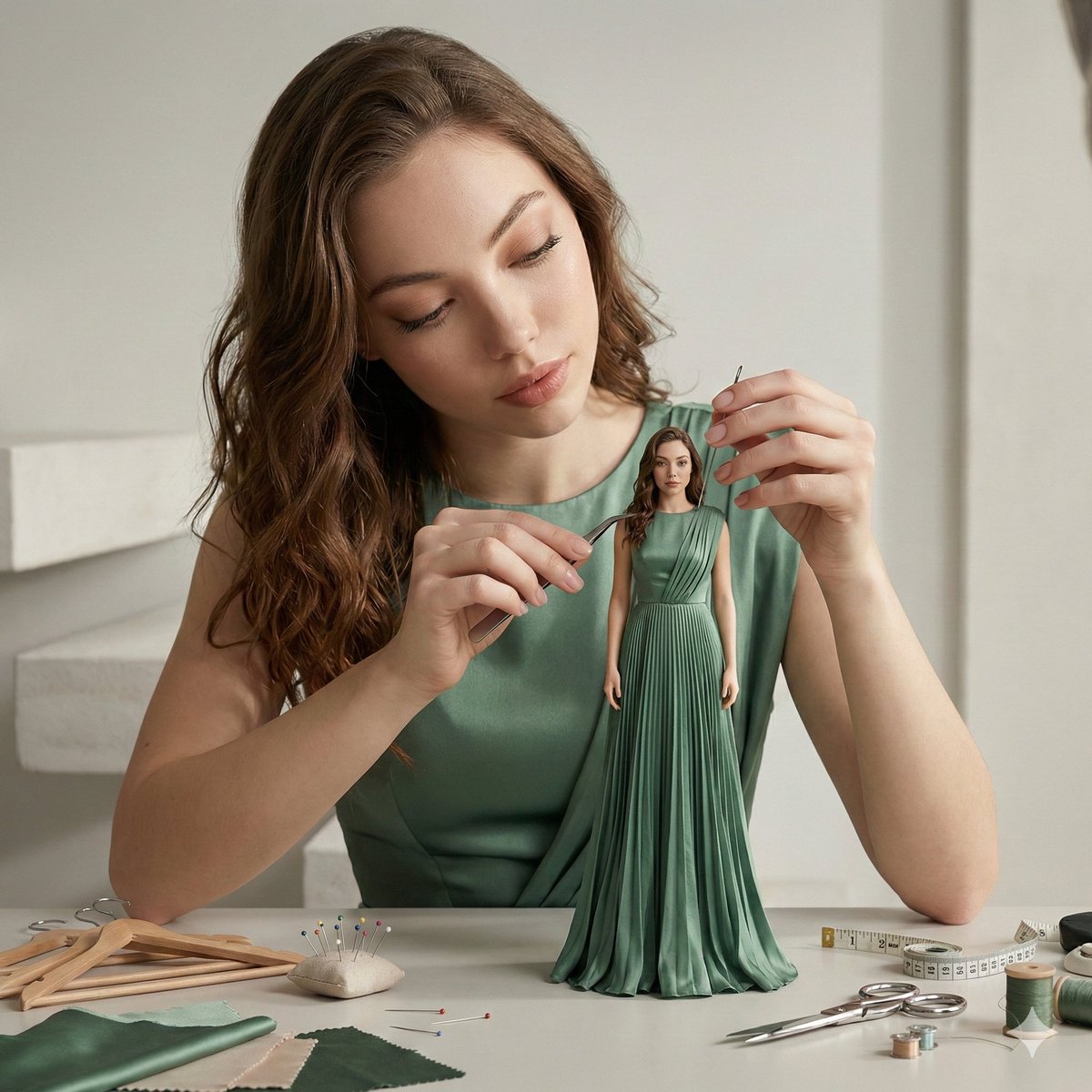 AIwithkhan's tweet photo. Image on Google Gemini Nano Banana 

Prompt 👇 

Ultra-realistic cinematic studio scene of a woman adjusting the clothing on a miniature version of herself using tiny tailoring tools.
She sits at a fashion-style workbench, carefully aligning fabric seams with delicate hand movements.
The miniature figure wears an identical outfit with perfectly scaled stitching and realistic fabric drape.
The workspace includes miniature hangers, fabric swatches, pins, measuring tapes, and sewing tools.
Soft studio lighting with gentle rim light highlights textile fibers, skin pores, and precision craftsmanship.
Shallow depth of field, cinematic editorial framing, ultra-photoreal textures, modern studio atmosphere, 8K realism.
Style: cinematic miniature fashion realism, professional photography, no cartoon, no CGI look. 1:1.