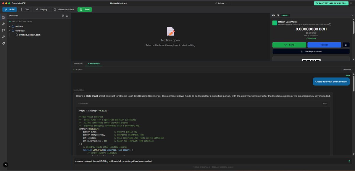CashLabsDev's tweet photo. small update but kinda huge 👀

we just added an AI agent that can generate CashScript contracts

"learn from any public contracts you deploy"

private stuff stays private. always.

@bch_1_official 
#BCH #BitcoinCash $BCH https://t.co/u3vAvEnZmU