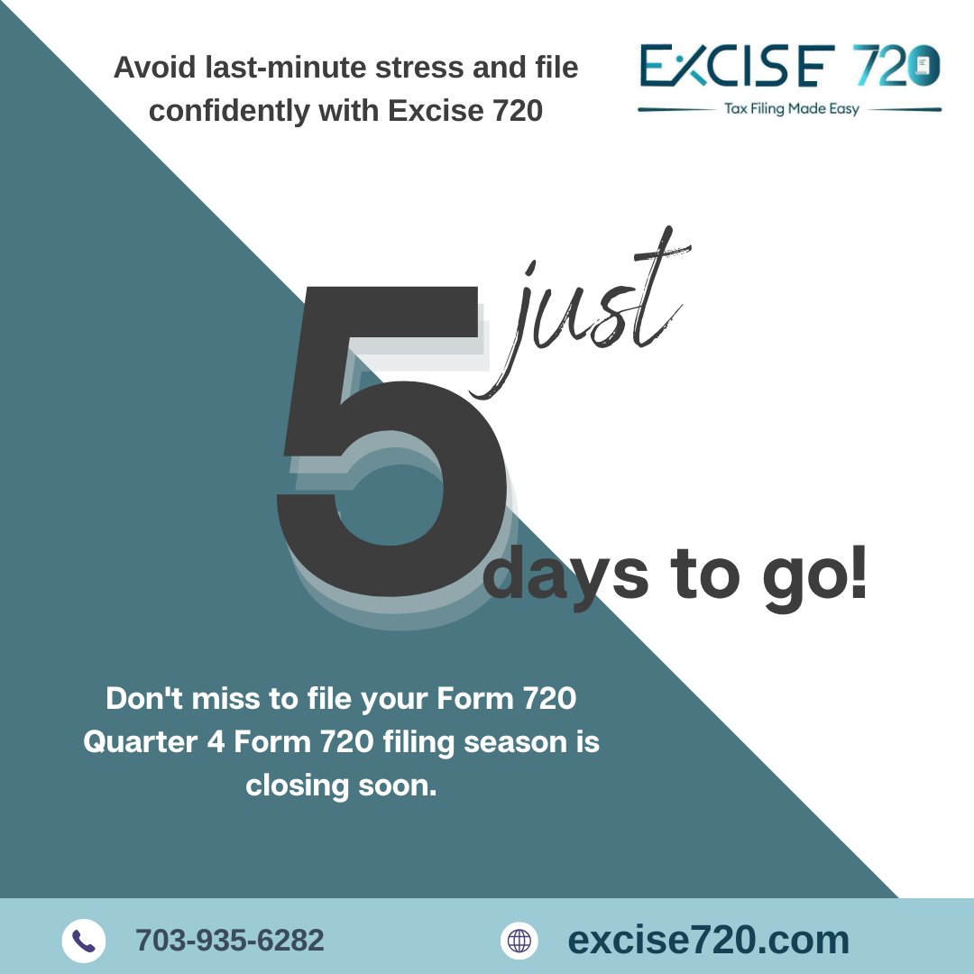 excise720's tweet image. Just 5 days to go!
Avoid last-minute stress and file your Form 720 – Quarter 4 with confidence.
The filing season is closing soon—don’t miss the deadline.
🌐 excise720.com

#Excise720 #Form720 #Quarter4 #ExciseTax #TaxFilingMadeEasy #DeadlineReminder