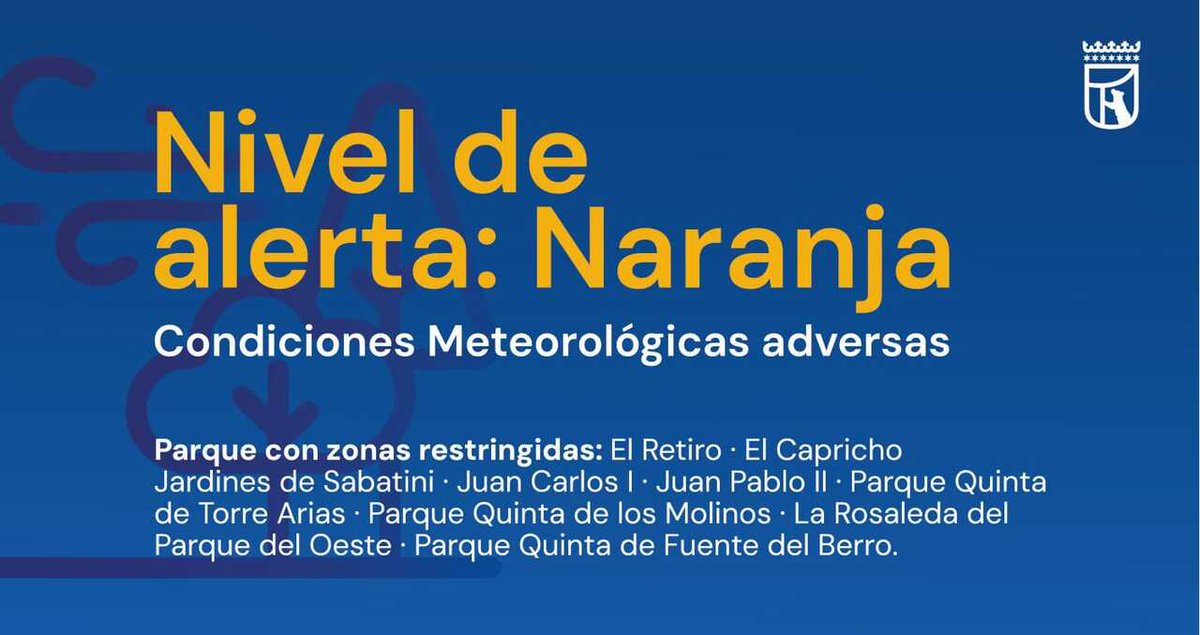 📢 Este sábado, 24 de enero, de 09:00 a 21:00h se activa la alerta naranja 🟠 por condiciones meteorológicas adversas según previsiones de <a href="/AEMET_Esp/">AEMET</a>  

🌳 El Retiro y otros ocho parques de la ciudad mantendrán zonas balizadas  

👉informate.madrid.es/jol6d