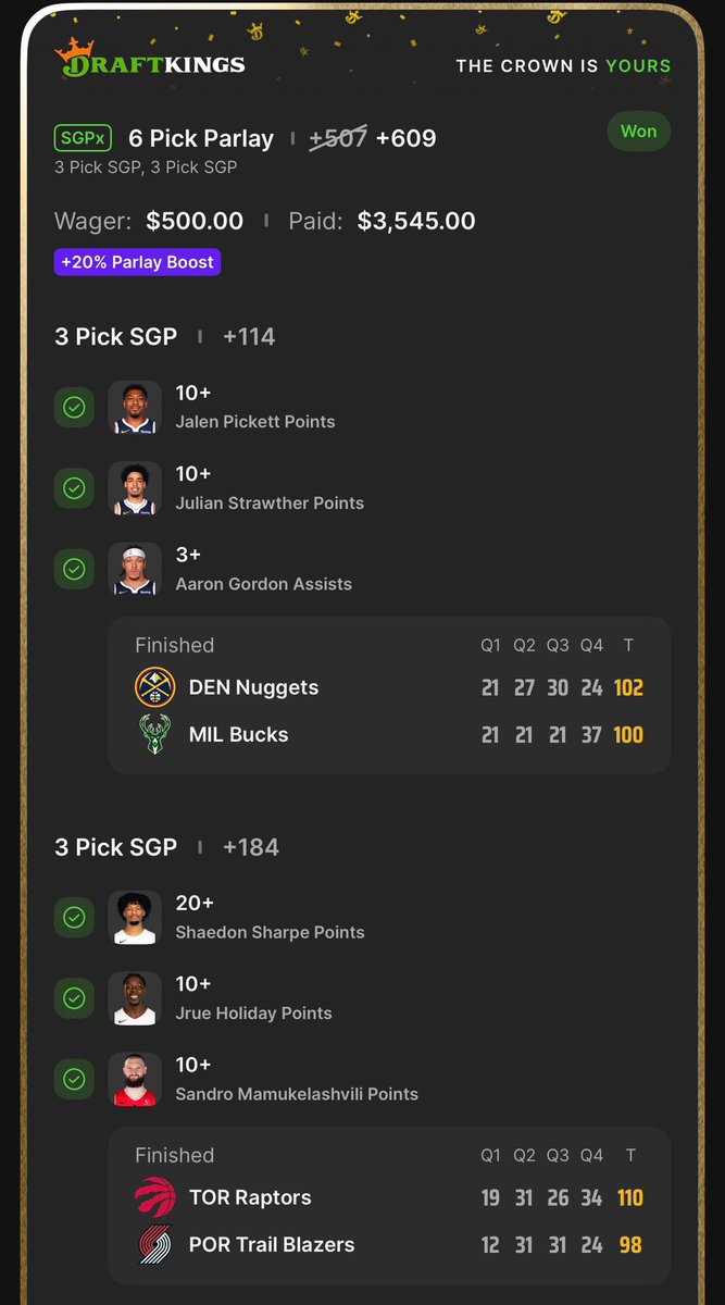 YoyoParlays's tweet photo. LATE NIGHT DK BOOST CASHED ๐ฐ๏ธ๐ฐ
6-Pick SGPx
$500 โ $3,545 โ
+20% Parlay Boost doing WORK
Alt points + simple assists
Nothing flashy just clean reads that closed ๐
We stay grinding. We stay patient.
More coming ๐
๐ https://t.co/gX2zOK7ZCL
#DraftKings #DKBoost #LateNightCash #YoYoParlays ๐ช๐ฅ
