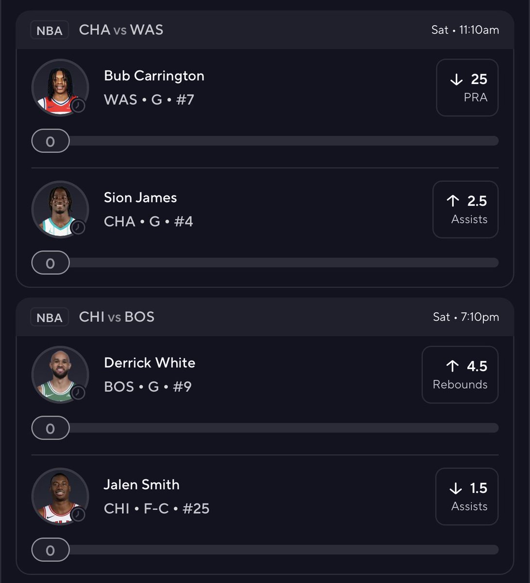 McBetss's tweet image. I HOPE you see this before tipoff 🤝

𝐍𝐁𝐀 𝐒𝐚𝐭𝐮𝐫𝐝𝐚𝐲 𝐅𝐮𝐥𝐥 𝐂𝐚𝐫𝐝:

Bub Carrington U 25 PRA
Sion James O 2.5 Asts
Derrick White O 4.5 Rebs
Jalen Smith U 1.5 Asts

DROP A LIKE IF TAILING! ❤️
