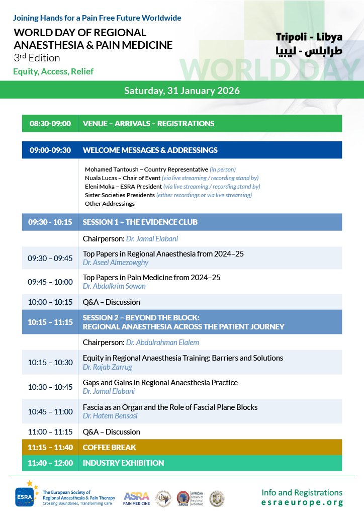 mtantsh's tweet photo. Join us in Tripoli, Libya, for the 3rd World Day of Regional Anaesthesia and Pain Medicine!

• Date: Saturday, January 31, 2026
• Location: Tripoli, Libya

#WDRAPM2026 @ESRA_Society @AFSRA10 #RegionalAnaesthesia #RegionalAnesthesia #PainMedicine #Tripoli #Libya https://t.co/4OF3UVa5Lu