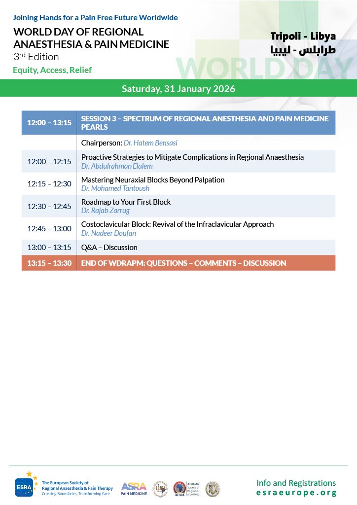 mtantsh's tweet photo. Join us in Tripoli, Libya, for the 3rd World Day of Regional Anaesthesia and Pain Medicine!

• Date: Saturday, January 31, 2026
• Location: Tripoli, Libya

#WDRAPM2026 @ESRA_Society @AFSRA10 #RegionalAnaesthesia #RegionalAnesthesia #PainMedicine #Tripoli #Libya https://t.co/4OF3UVa5Lu
