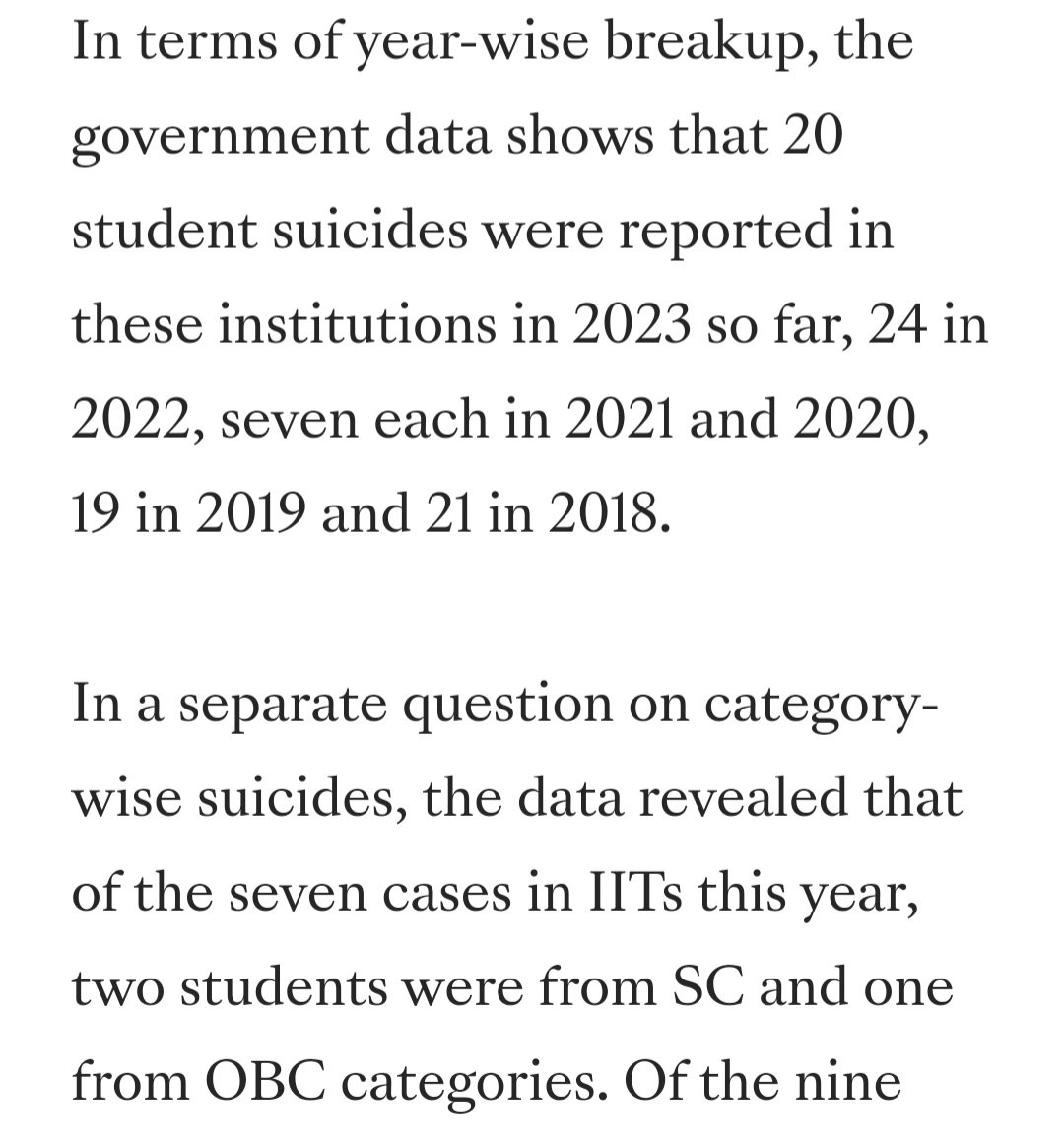 neha_laldas's tweet image. Central Universities Suicide Data👇
Total student suicides (2014-21):
SC/ST/OBC=68
GC=54

IIT student suicides (2014-2021)
SC/ST/OBC=18
GC=16

In 2023 (total 7)
SC/ST/OBC=3
GC=4

When GC students are equally affected, how this is labelled as "caste-discrimination"?

#ShameOnUGC