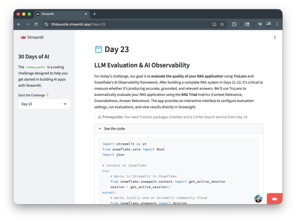 thedataprof's tweet photo. Day 23/30 #30DaysofAI w/ @streamlit 

You've built a RAG system? Cool. But is it actually good? 🤔

Today, you'll learn about RAG evaluation with @TruLensML:
✅ Context Relevance
✅ Groundedness (no hallucinations!)
✅ Answer Relevance

#Streamlit #RAG https://t.co/p1YOMnraaC
