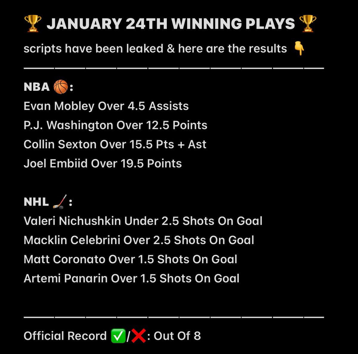 drop your cash app / PayPal / btc for $100 ❤️ if we go 8-0 NBA & NHL 1/24  Full Betting List: list of every bet that will hit saturday…