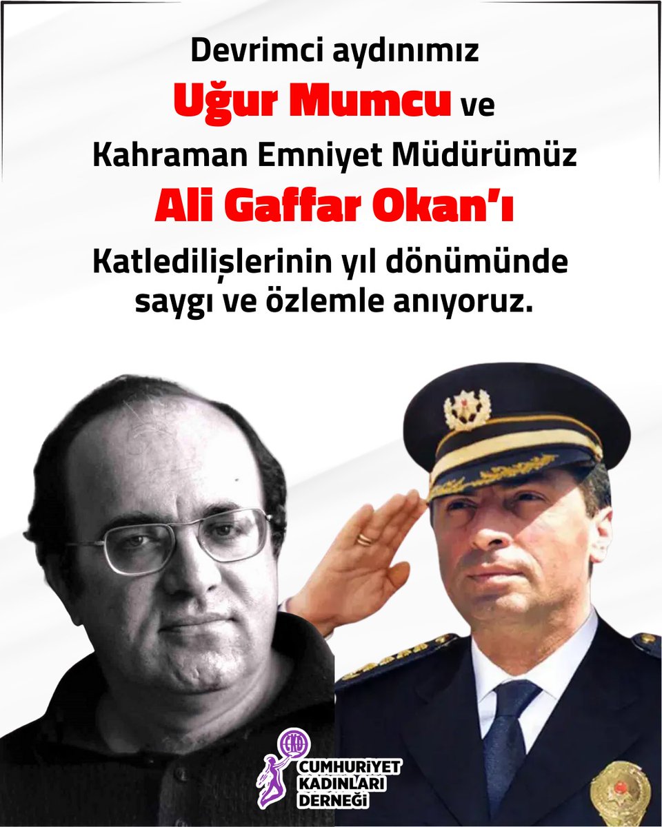 Devrimci aydınımız Uğur Mumcu ve Kahraman Emniyet Müdürümüz Ali Gaffar Okan'ı katledilişlerinin yıl dönümünde saygı ve özlemle anıyoruz.