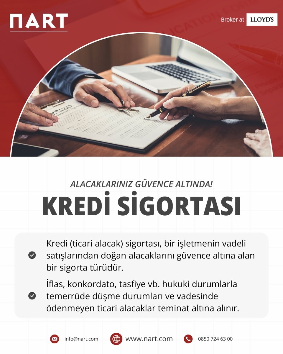 NARTSigorta's tweet image. Vadeli satışlardan doğan alacakları ve temerrüt gibi risklere karşı alacaklarınızı koruyarak nakit akışınızı güvence altına alır.

Alacak risklerinizi yönetmek için: nart.com/kredi-alacak-s… 
NART Çözüme Hazır.

#nart #nartsigorta #nartbroker #kredisigortasi #ticarialacaksigortası