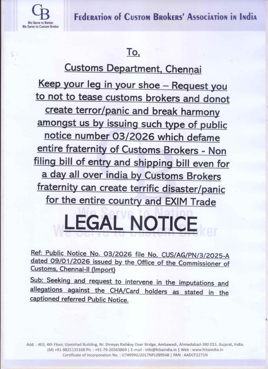 <a href="/FinMinIndia/">Ministry of Finance</a> <a href="/cbic_india/">CBIC</a> <a href="/IRS_CIT/">IRS(Customs & Indirect Taxes) Association</a>

acrobat.adobe.com/id/urn:aaid:sc…

acrobat.adobe.com/id/urn:aaid:sc… LEGAL NOTICE given by Federation Of Customs Brokers Association in India to Chennai Customs Commissionerate and action thereon. 
.