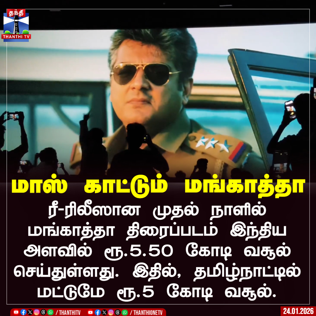 ThanthiTV's tweet photo. மாஸ் காட்டும் மங்காத்தா

ரீ-ரிலீஸான முதல் நாளில் மங்காத்தா திரைப்படம் இந்திய அளவில் ரூ.5.50 கோடி வசூல் செய்துள்ளது. இதில், தமிழ்நாட்டில் மட்டுமே ரூ.5 கோடி வசூல்.

#MankathaReRelease #Ajithkumar #Theater #FansCelebration #Thanthitv https://t.co/zDlqMyylCk