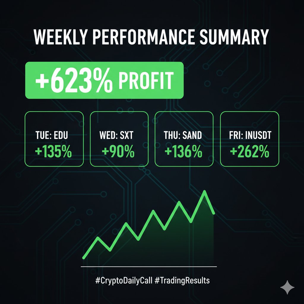 CryptoDailyCall's tweet image. Weekly Performance Summary 📊✅

• Tue: $EDU +135%🎯
• Wed: $SXT +90%🎯
• Thu: $SAND +136%🎯
• Fri: $INUSDT +262%🎯

📈 Weekly Total: +623% ROI
📈 Total This Month: +918% ROI

We are closing in on our monthly goal. Execution is our edge.

#Crypto #Daily #Call #TradingResults