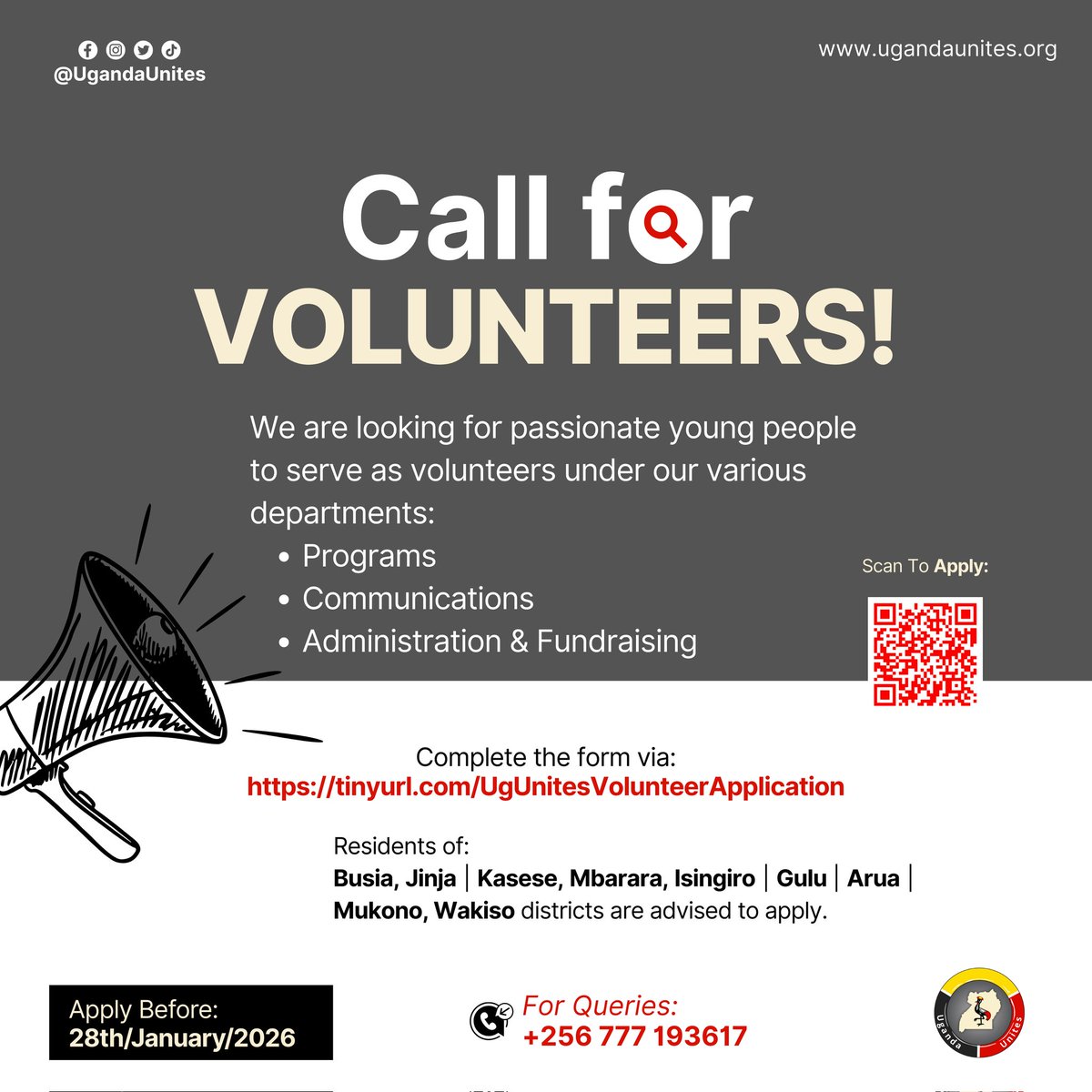 UgandaUnites's tweet image. 🌟 Are you a youth passionate about creating impact?
We’re looking for volunteers in Programs, Communications, Administration &amp;amp; Fundraising.

Join us and make impact. 🚀 APPLY NOW: tinyurl.com/UgUnitesVolunt…

#VolunteerCall #UgandaUnites