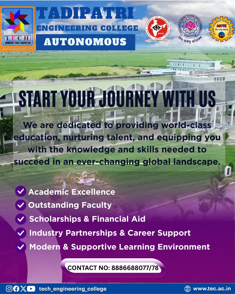 tadipatri_tech's tweet photo. Tadipatri Engineering College nurtures young minds to become skilled engineers and responsible leaders through excellence in education and hands-on learning.
Address: Kadapa Road,Veerapuram Village,Andhra Pradesh 515411
#TadipatriEngineeringCollege#EngineeringDreams #TechStudents https://t.co/koZbi0kEdk