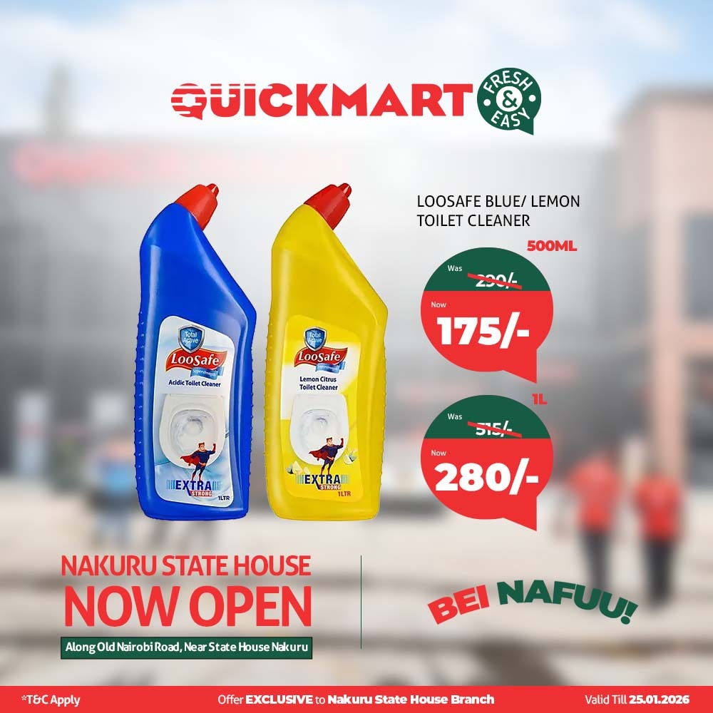 Extra strong Loosafe toilet cleaner that was KSh 515 is now available at KSh 280 offering strong cleaning power at great value. #Quickmart65 #FreshAndEasy.