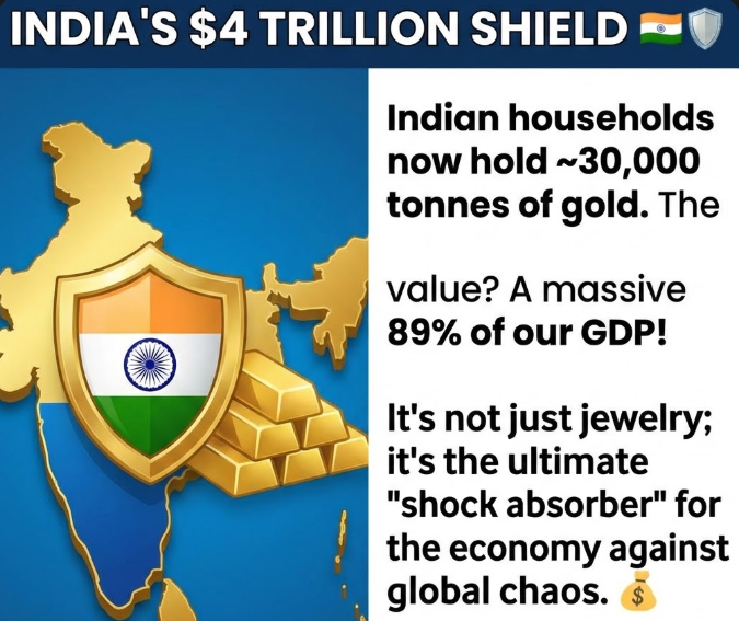 UpdateWasPlain's tweet image. 🚨INDIA'S $4 TRILLION SHIELD 🇮🇳🛡️

Indian households now hold ~30,000 tonnes of gold. The value? A massive 89% of GDP! 🪙

It's not just jewelry; it's the ultimate "shock absorber" for the economy against global chaos. 💰

#GoldEconomy #India #Wealth