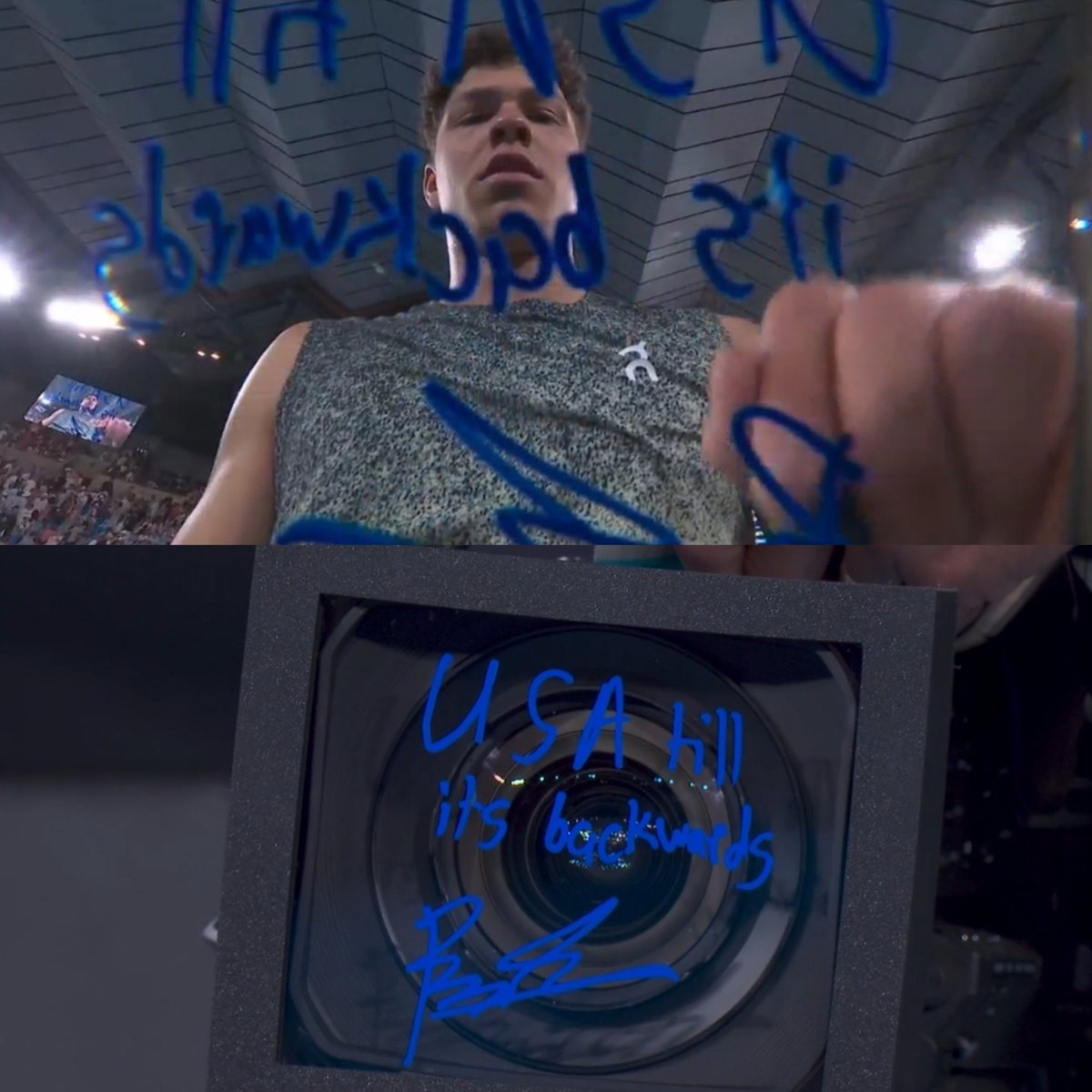 TheTennisLetter's tweet image. Ben Shelton signs the camera after reaching the 2nd week of the Australian Open

"USA 'til it's backwards"

🇺🇲