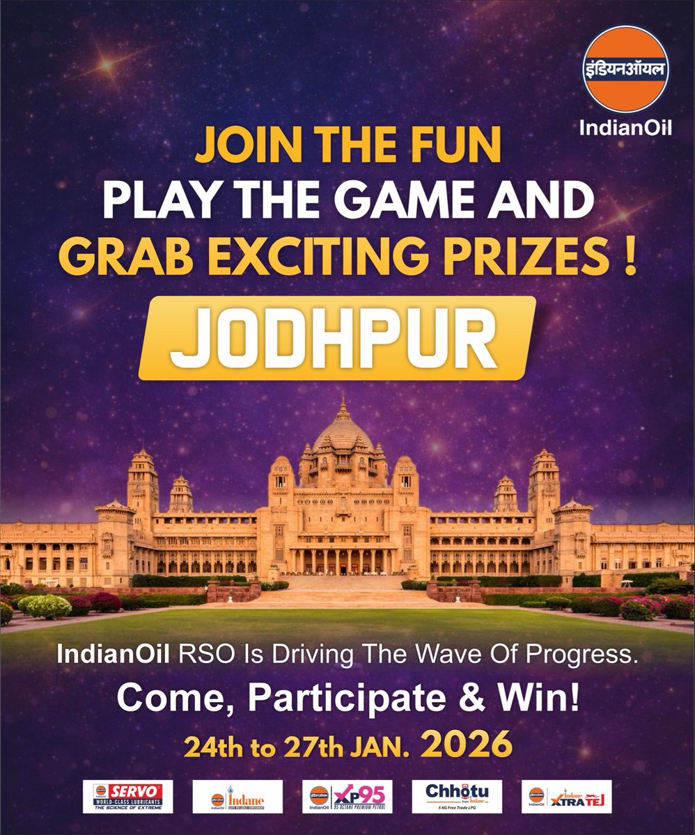 IOCL_Rajasthan's tweet photo. Scan, Know, Win &amp; Fuel Progress! 🚀
Jodhpur, get ready! Don’t miss @IndianOil’s exciting BTL Campaign from Jan 24–27.
Scan, participate, and win exciting rewards while fueling up!

#IndianOil #FuelTheFunWithIndianOil #Jodhpur #ScanKnowWin https://t.co/4X8qtcPOpc