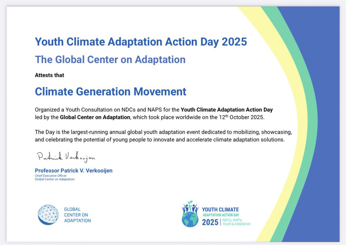 ClimateGenMove's tweet image. Honored to receive a Certificate of Appreciation from the Global Center on Adaptation for organizing the Youth Consultation on Youth Climate Adaptation Action Day 2025 🌍. We engaged youth from 90 countries on NDCs &amp;amp; NAPs, reaching 31M+ people on social media.