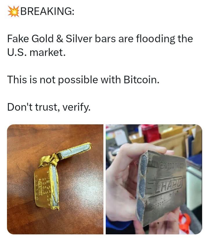 ProfVolta's tweet photo. 🦕 BREAKING:

Fake Gold &amp; Silver bars are flooding the US market.

#FakeGold #NicolasMaduro #Silver #GOLD #BTC #USmarket #MarketUpdate #deprem https://t.co/0bMrx8e6oc