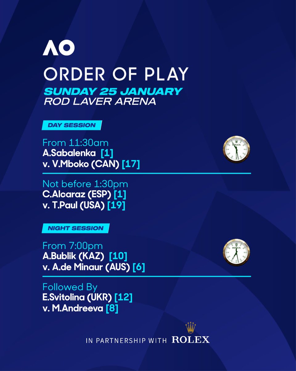 AustralianOpen's tweet image. Australian Open order of play - RLA, MCA, JCA - Sunday 25 January 🎾
Schedule ➡️ ausopen.com/schedule#!43232
#AO26