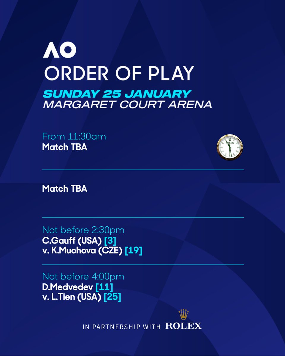 AustralianOpen's tweet image. Australian Open order of play - RLA, MCA, JCA - Sunday 25 January 🎾
Schedule ➡️ ausopen.com/schedule#!43232
#AO26